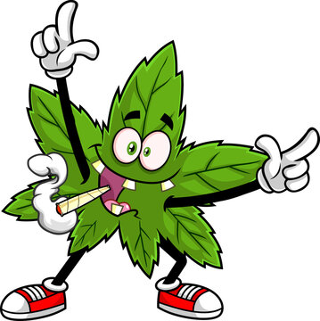 Happy Marijuana Leaf Cartoon Character With Joint Dancing. Hand Drawn Illustration Isolated On Transparent Background