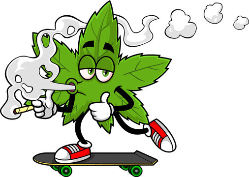 Cute Marijuana Leaf Cartoon Character Skateboarding And Smoking A Joint. Hand Drawn Illustration Isolated On Transparent Background