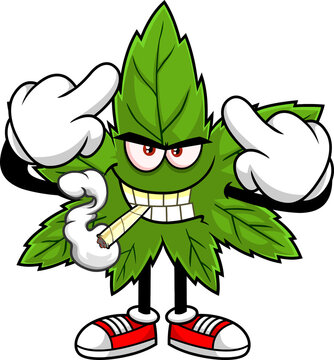 Angry Marijuana Leaf Cartoon Character With A Joint Showing Middle Finger. Hand Drawn Illustration Isolated On Transparent Background