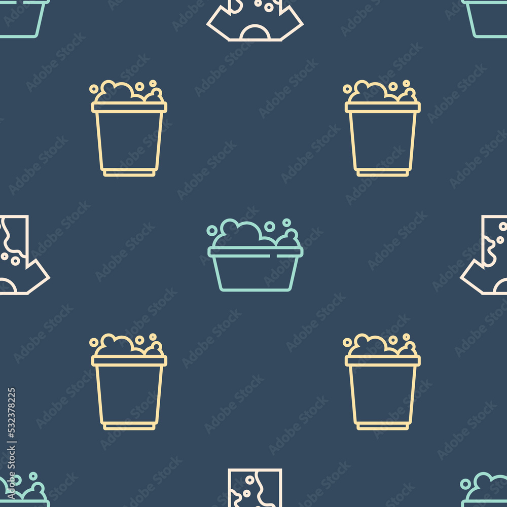 Poster set line dirty t-shirt, bucket with foam and basin soap suds on seamless pattern. vector