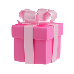 3D render gift box with pink ribbon. Isolated closed package with pastel glossy bow on white background. Holiday surprise, present for birthday, christmas or wedding, Realistic illustration angle view