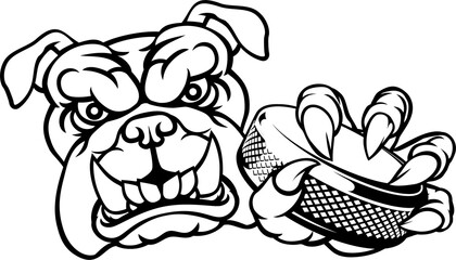 A bulldog ice hockey player animal sports mascot holding a hockey puck