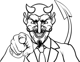 An evil devil or Satan businessman in business suit pointing at the viewer