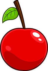 Cartoon Cherry Fruit With A Leaf. Hand Drawn Illustration Isolated On Transparent Background