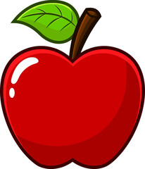 Cartoon Red Apple Fruit With A Leaf. Hand Drawn Illustration Isolated On Transparent Background
