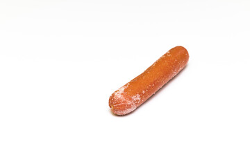 frozen sausage with traces of frost on a white background
