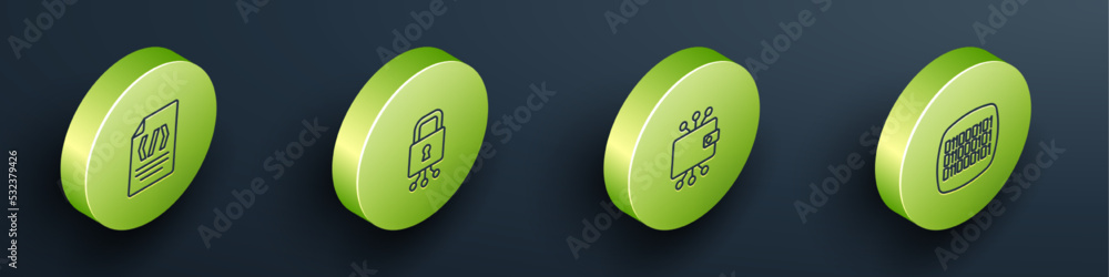 Aufkleber set isometric line binary code, cyber security, cryptocurrency wallet and icon. vector