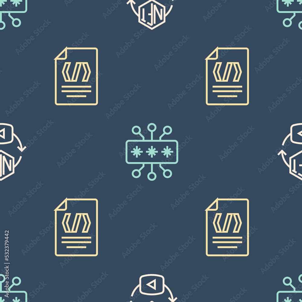 Poster set line nft digital crypto art, binary code and cyber security on seamless pattern. vector