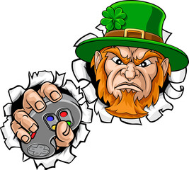 Leprechaun Gamer Mascot and Video Games Controller