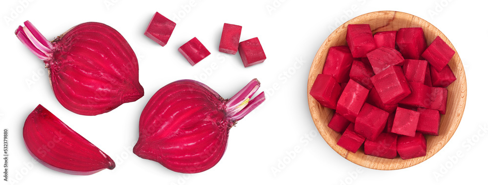 Wall mural beetroot half and slice isolated on white background with full depth of field. top view. flat lay