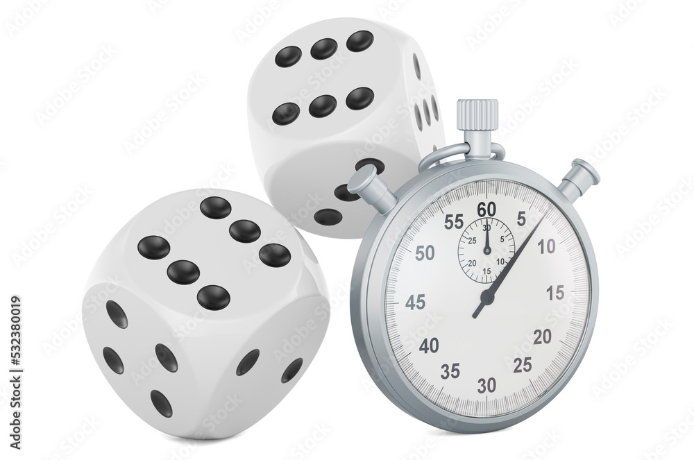 Poster dice with stopwatch, 3d rendering