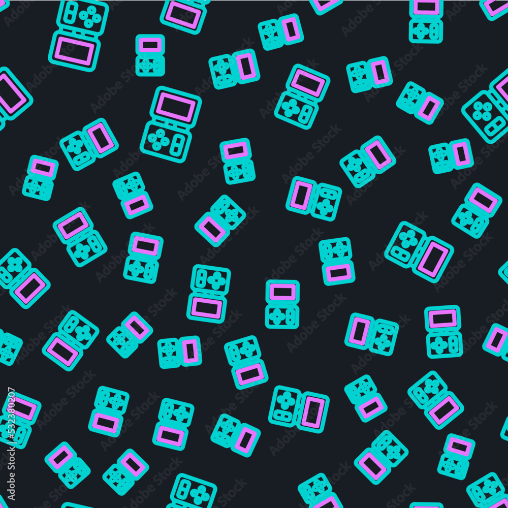 Poster line portable tetris electronic game icon isolated seamless pattern on black background. vintage sty