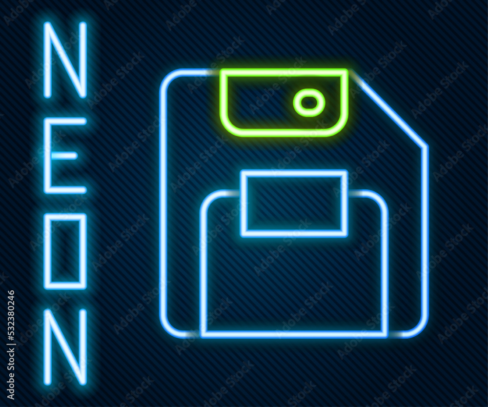 Poster glowing neon line floppy disk for computer data storage icon isolated on black background. diskette 