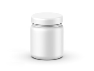 Blank white matte jar mockup, matte white bottle with cap on isolated white background, 3d render illustration