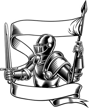 An original illustration of a medieval knight with banner battle flag or standard scroll ribbon. In a vintage engraved etching woodcut style.