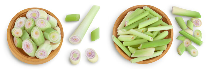 Fresh Lemongrass in wooden bowl isolated on white background. Top view. Flat lay
