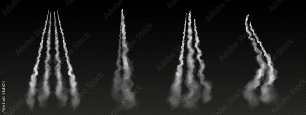 Poster set of realistic airplane contrails png on transparent background. vapor tracks left in sky after ai