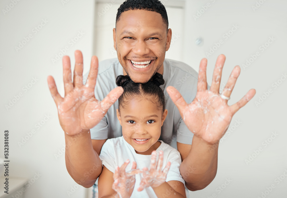 Wall mural cleaning, hand and happy family portrait by father and daughter washing hands in bathroom at home, r