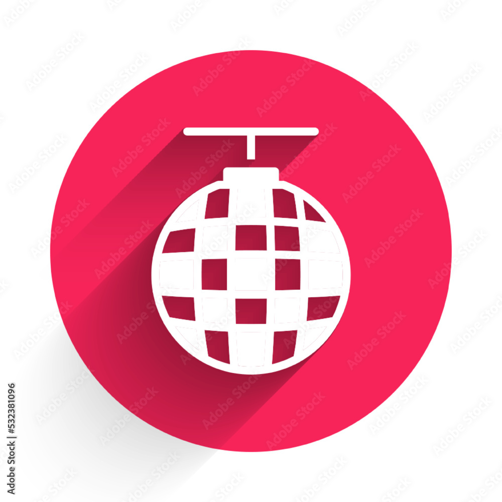 Poster white disco ball icon isolated with long shadow. red circle button. vector