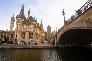 Obraz premium Beautiful view around St Michael's Bridge toward Graslei , Korenlei near Korenmarkt in old town of Ghent during winter : Ghent , Belgium : November 30 , 2019