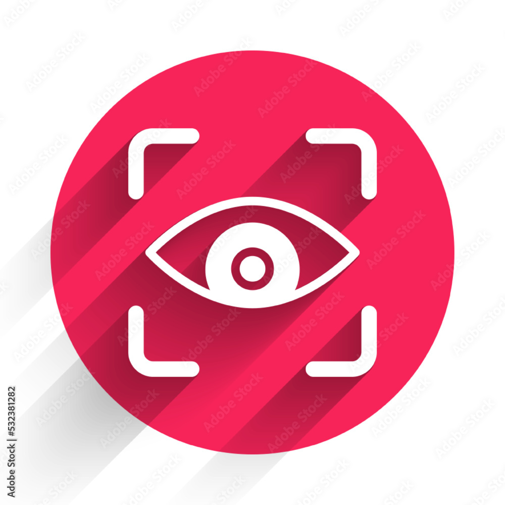 Poster white eye scan icon isolated with long shadow background. scanning eye. security check symbol. cyber