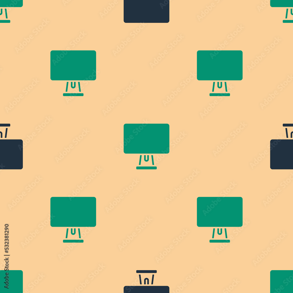 Poster green and black computer monitor screen icon isolated seamless pattern on beige background. electron