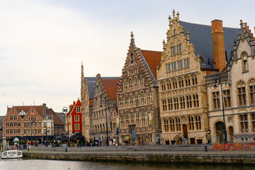 Beautiful view around St Michael's Bridge toward Graslei , Korenlei near Korenmarkt in old town of Ghent during winter : Ghent , Belgium : November 30 , 2019