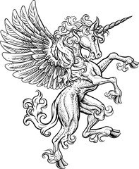 A Pegasus unicorn horse with wings and horn from mythology rearing rampant on its hind legs in a coat of arms crest woodcut style