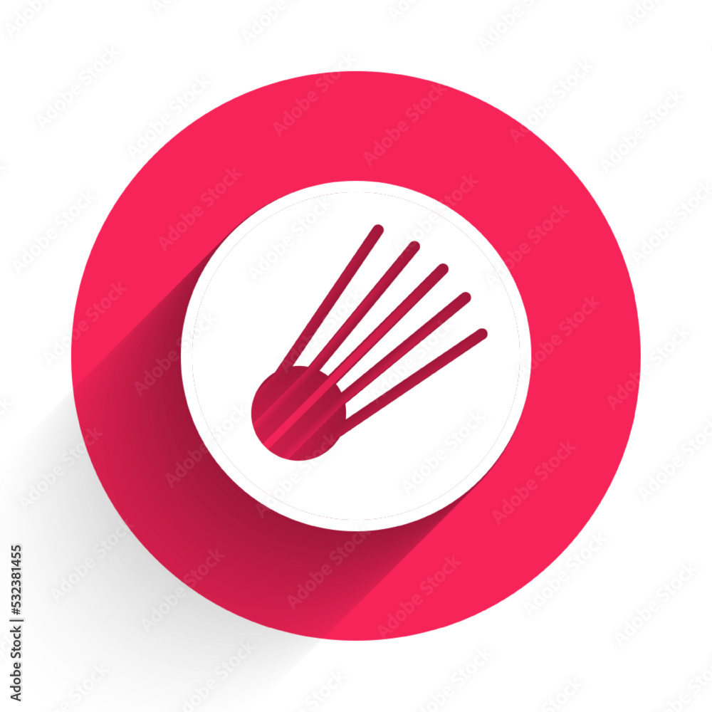 Poster white comet falling down fast icon isolated with long shadow background. red circle button. vector