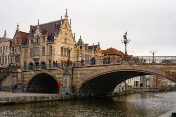 Beautiful view around St Michael's Bridge toward Graslei , Korenlei near Korenmarkt in old town of Ghent during winter : Ghent , Belgium : November 30 , 2019