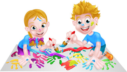 Obraz na płótnie Canvas Cartoon boy and girl children playing with paints and paintbrushes