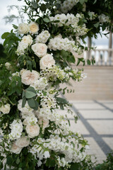 Round flower arch. Circle wedding ceremony arch. Trend. Outside ceremony