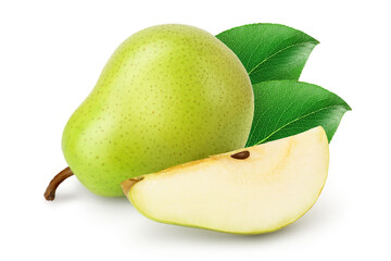 Green pear fruit with slices isolated on white background with full depth of field