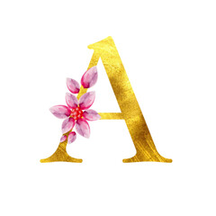 Gold metallic A letter, textured save the date design, botanical watercolor floral painting, textured graphic design element, wedding or birthday invitation card initials.