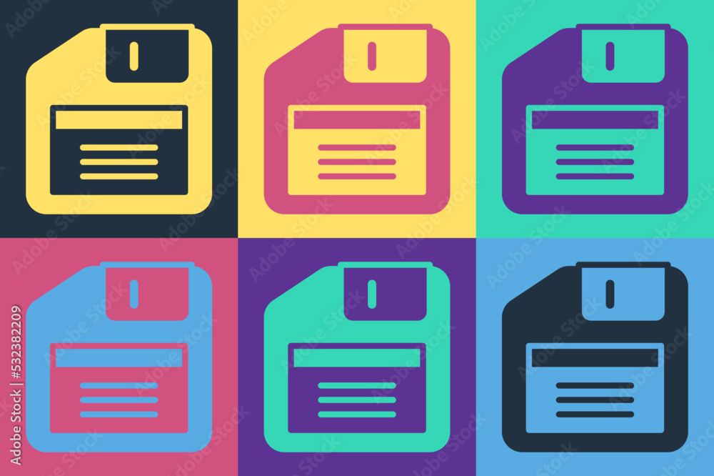 Poster pop art floppy disk for computer data storage icon isolated on color background. diskette sign. vect