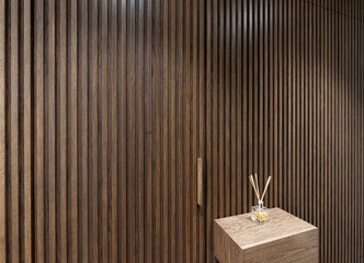 Decorative brown wooden wall in luxury apartment corridor