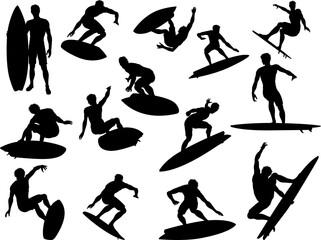 A set of high quality detailed silhouettes of a surfer surfing the waves on his surfboard - obrazy, fototapety, plakaty