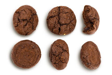 chocolate cookies broken isolated on white background with full depth of field. Top view. Flat lay