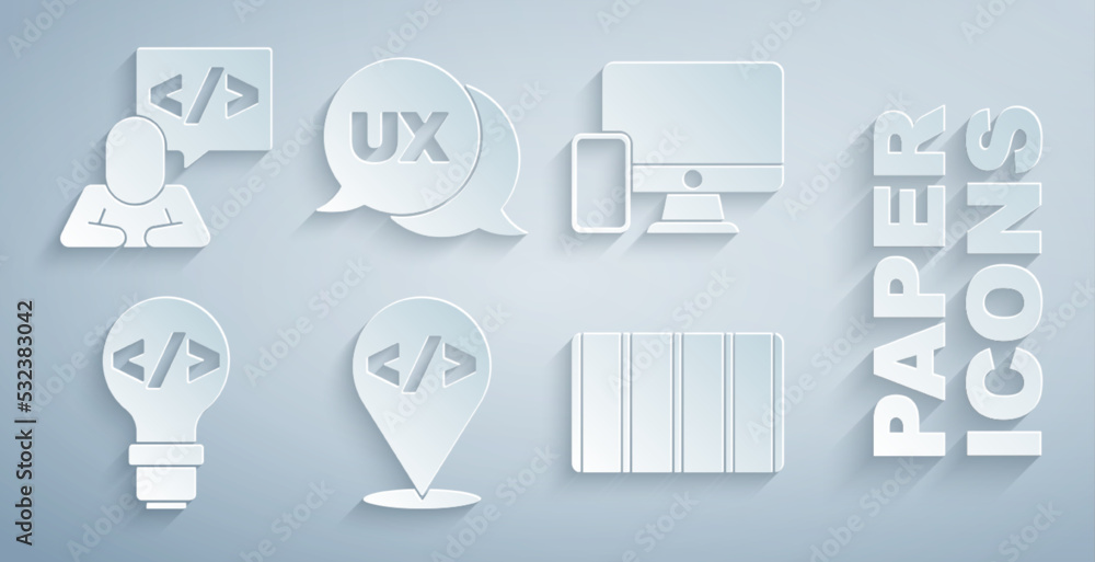 Poster set front end development, monitor and mobile, color palette guide, ui ux design and icon. vector