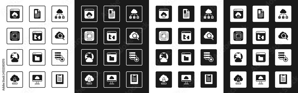 Poster set cloud technology data transfer, broken file, processor with cpu, search cloud computing, file do