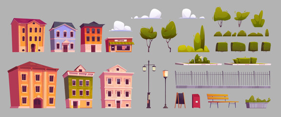 City elements, street constructor isolated set. Urban architecture design objects. Cartoon houses, street lamps, green trees, clouds, litter bin, bench, fence, menu chalkboard, Vector illustration