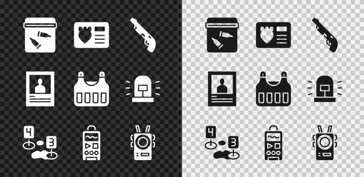 Set Evidence bag with bullet, Police badge case, shotgun, Marker of crime scene, Dictaphone, body camera, Wanted poster and Bulletproof vest icon. Vector