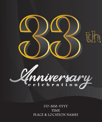 Fototapeta na wymiar 33rd Anniversary Invitation and Greeting Card Design, Golden and Silver Coloured, Elegant Design, Isolated on Black Background. Vector illustration.
