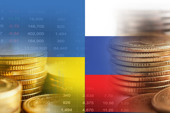 Ukraine and Russia flag with stock market finance, economy trend graph digital technology.