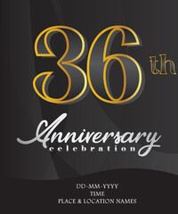 36th Anniversary Invitation and Greeting Card Design, Golden and Silver Coloured, Elegant Design, Isolated on Black Background. Vector illustration.