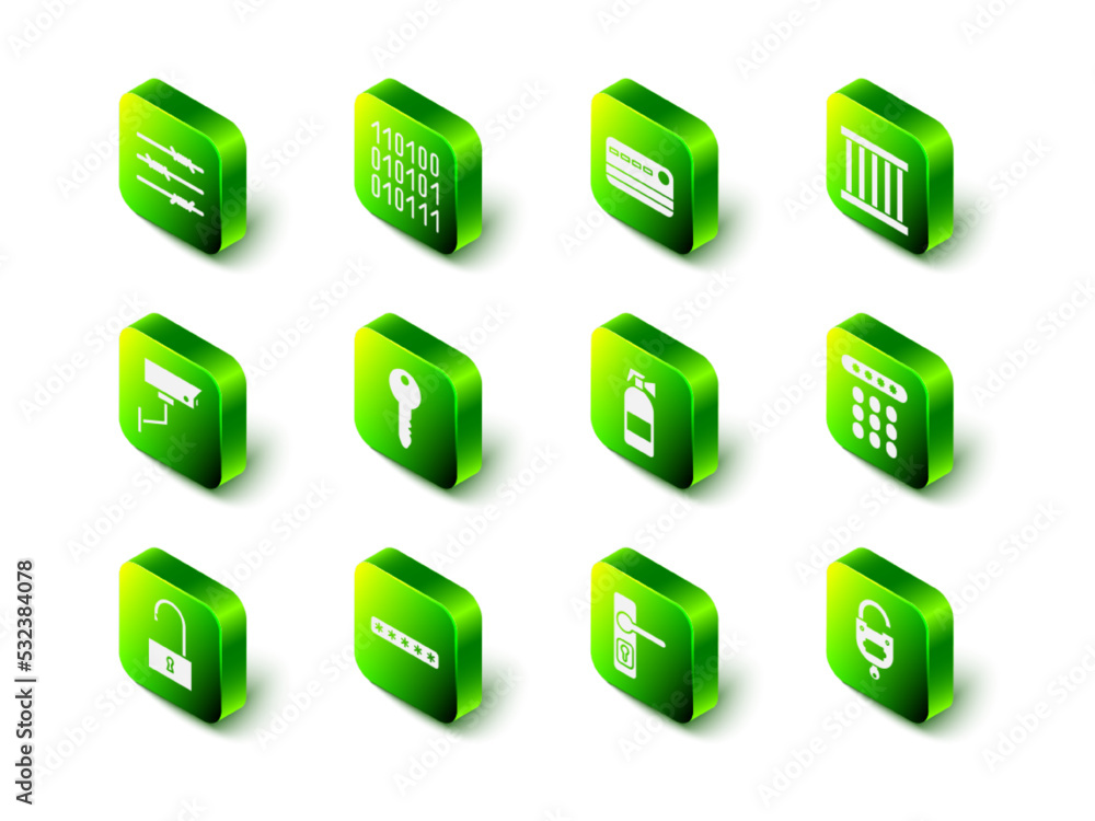 Poster set binary code, credit card, prison window, password protection, lock and key, fire extinguisher, d