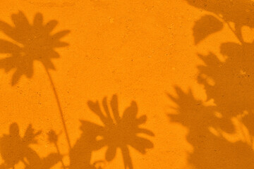 Abstract flowers shadows on orange concrete wall texture with roughness and irregularities....
