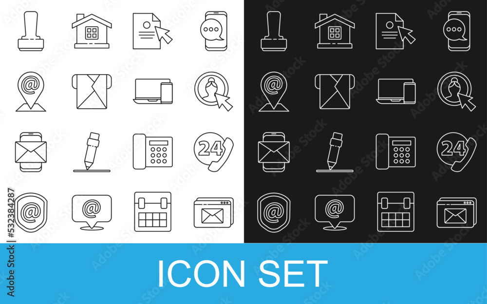 Poster set line website and envelope, telephone 24 hours support, create account screen, document cursor, e