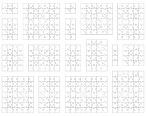 Illustration of seventeen white puzzles, separate pieces	