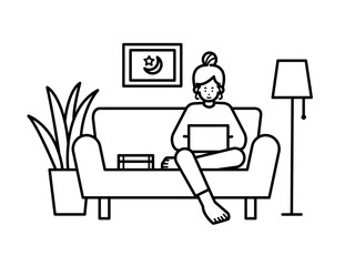 居間で在宅ワークをする女性のイラスト　線画のみ